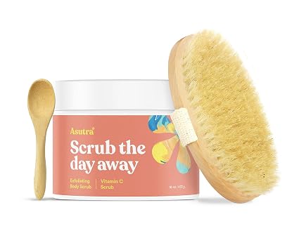 ASUTRA Dead Sea Salt Essential Oil Body Scrub Exfoliator and Dry Brush Bundle (Vitamin C), 16 oz - Ultra Hydrating, Gentle, & Moisturizing - Coconut, Sweet Orange, Grapefruit, and Lemon Oils