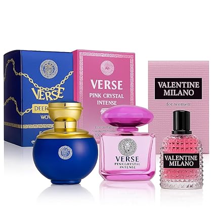 Women’s Perfume Gift Set – Verse Pink Crystal Intense, Verse Deep Blue & Valentine Milano Eau de Parfum – 3.4 fl oz Each | Fruity, Vanilla & Amber Scents | Elegant 3-Piece Set