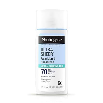 Neutrogena Ultra Sheer Liquid Mineral Sunscreen For Face, Lightweight, Broad Spectrum SPF 70 Facial Sunscreen for Sensitive Skin Leaves a Silky, Non-Greasy Finish, Oxybenzone-Free Sun Care, 1.4 fl. oz