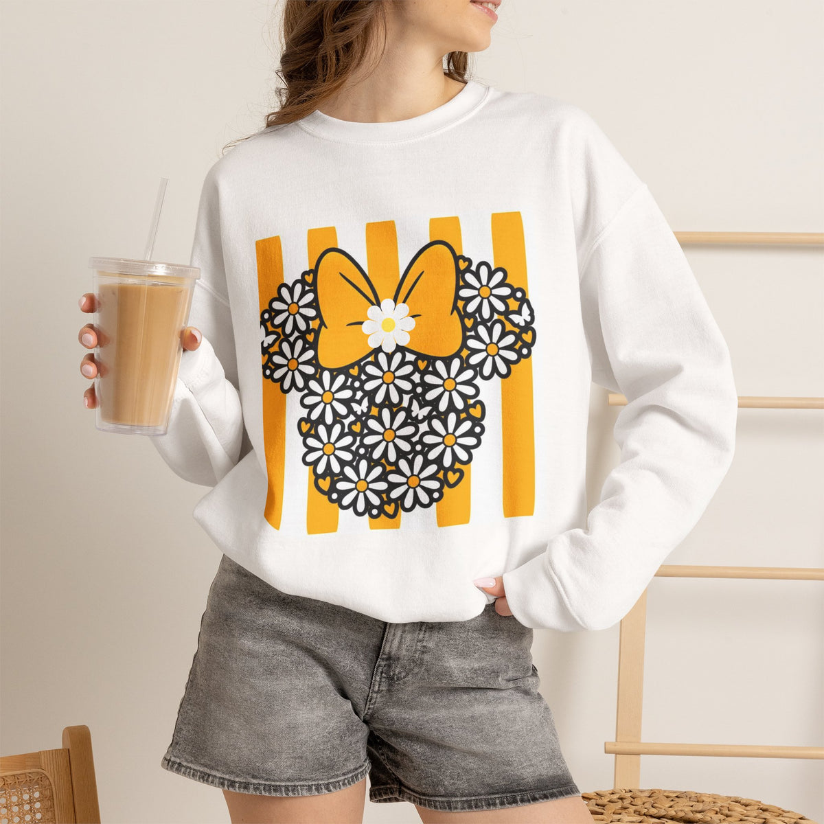 Floral Mouse Head Sweatshirt — Yellow Daisy Bow Crewneck