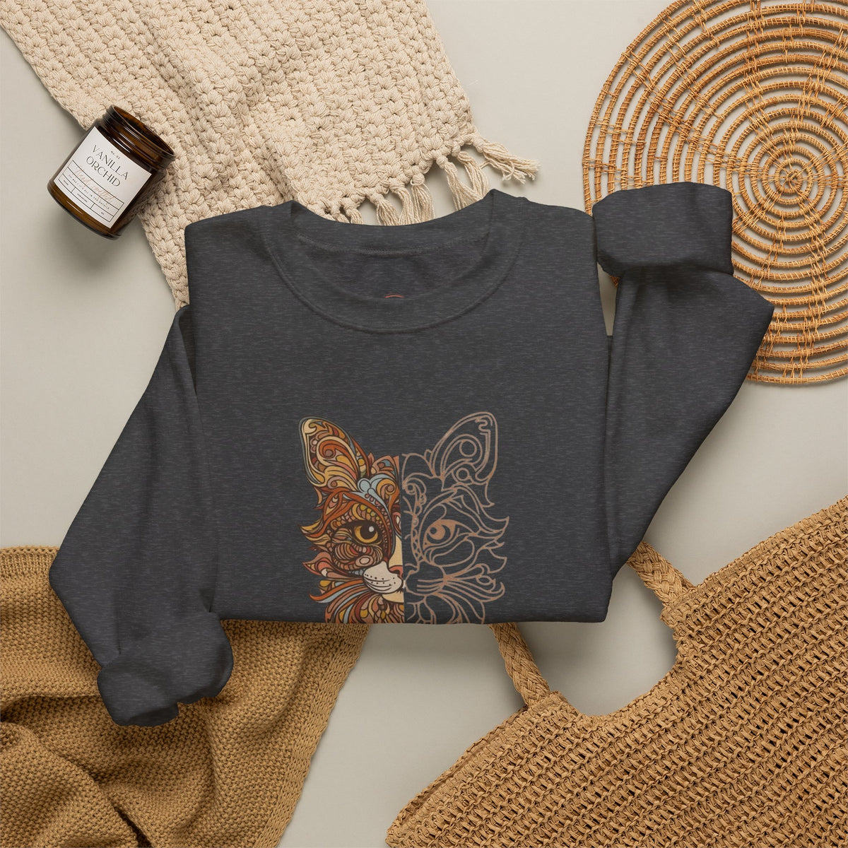 Cat Face Split Crewneck Sweatshirt – Half Realistic, Half Line Art Cat Design