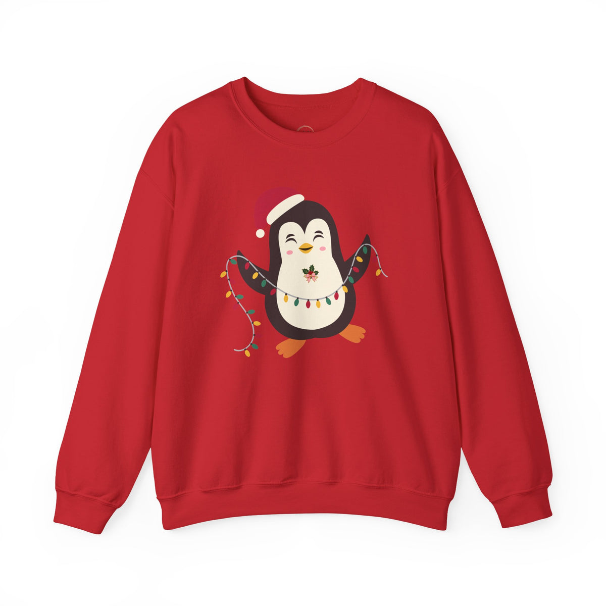 A red crewneck sweatshirt featuring a cartoon penguin wearing a Santa hat and holiday lights on the front, displayed against a solid white background.