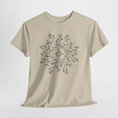 Floral Mandala Tee, Hand-Drawn Black Flower Graphic T-Shirt
