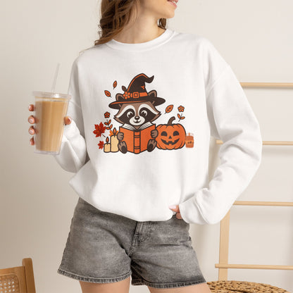 Halloween Raccoon Witch Sweatshirt – Cute Pumpkin & Spooky Book Crewneck