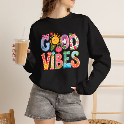 Good Vibes Floral Sweatshirt - Colorful Retro Sun Graphic Crewneck