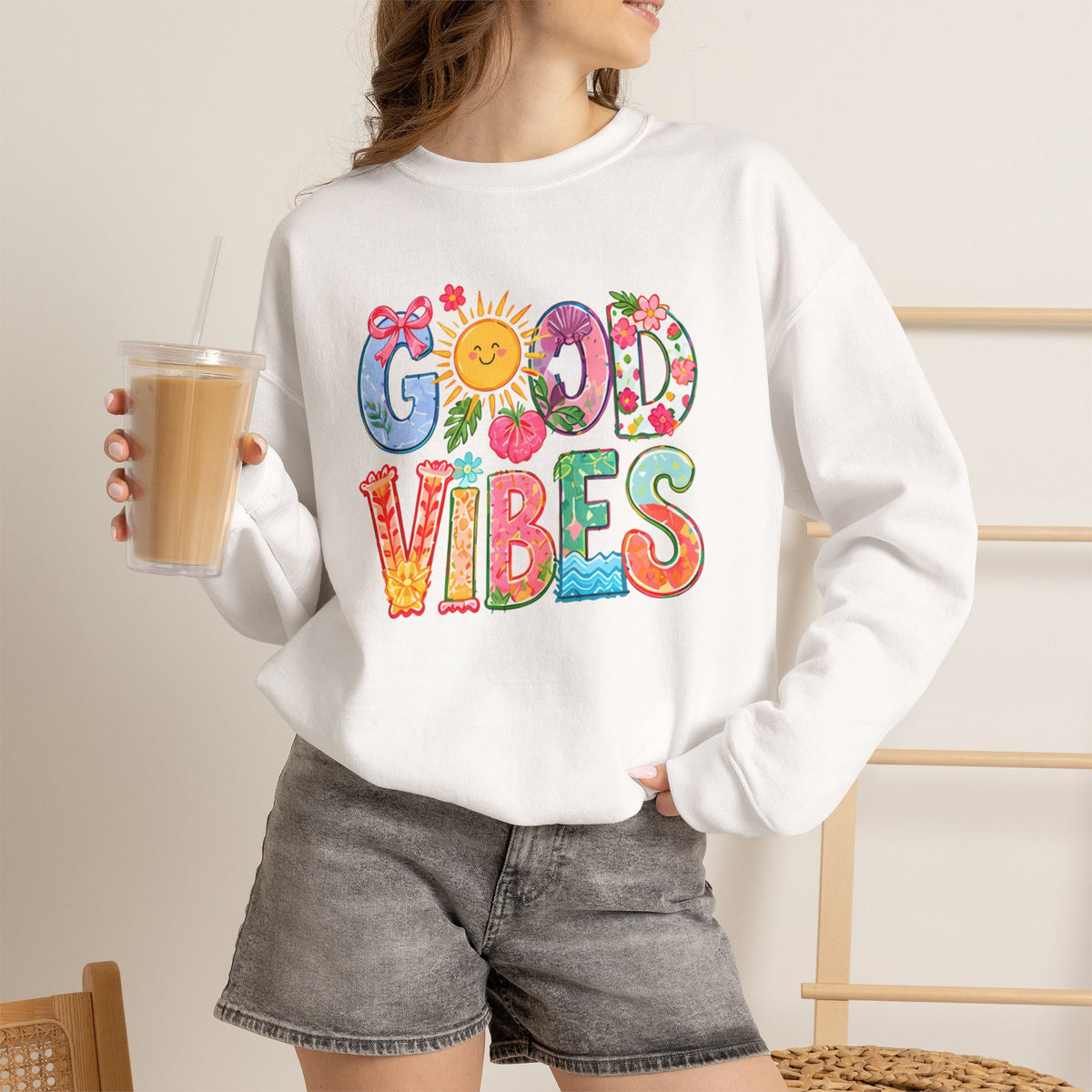 Good Vibes Floral Sweatshirt - Colorful Retro Sun Graphic Crewneck
