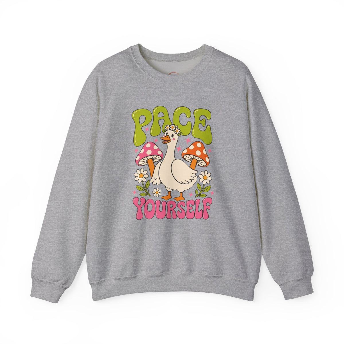 Peace Yourself Crewneck Sweatshirt — Retro Duck & Mushrooms Graphic