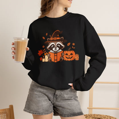 Halloween Raccoon Witch Sweatshirt – Cute Pumpkin & Spooky Book Crewneck