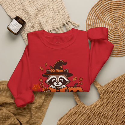 Halloween Raccoon Witch Sweatshirt – Cute Pumpkin & Spooky Book Crewneck