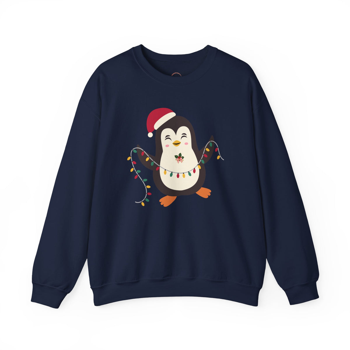 A navy blue crewneck sweatshirt featuring a cartoon penguin wearing a red Santa hat and colorful Christmas lights on the front, displayed against a solid white background.