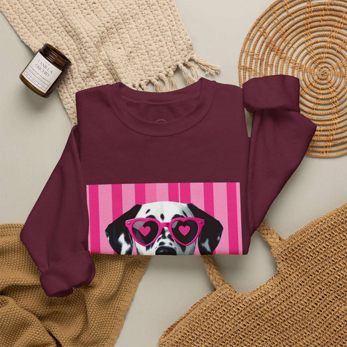 Dalmatian with Heart Sunglasses Sweatshirt — Cute Pink Pet Graphic Crewneck