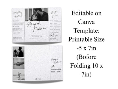 Gatefold Wedding Invitation Template | Elegant Black & White Folded Invite with RSVP Timeline | Printable Wedding Card with Photo. WEIB122
