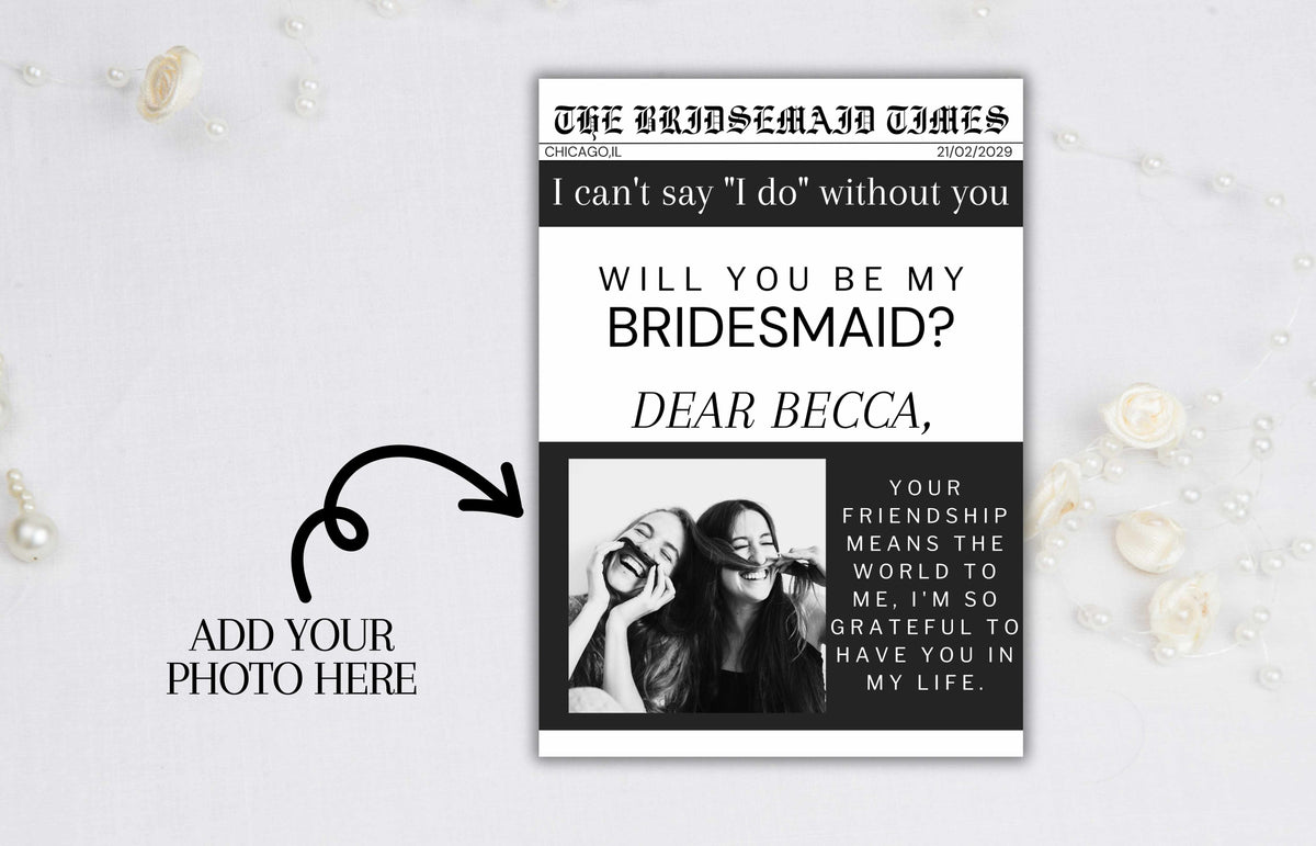 Newspaper Bridesmaid Proposal Printable, Will You Be My Bridesmaid Card Template, Bridesmaid Proposal Card, Bridesmaid Info Card. BT42