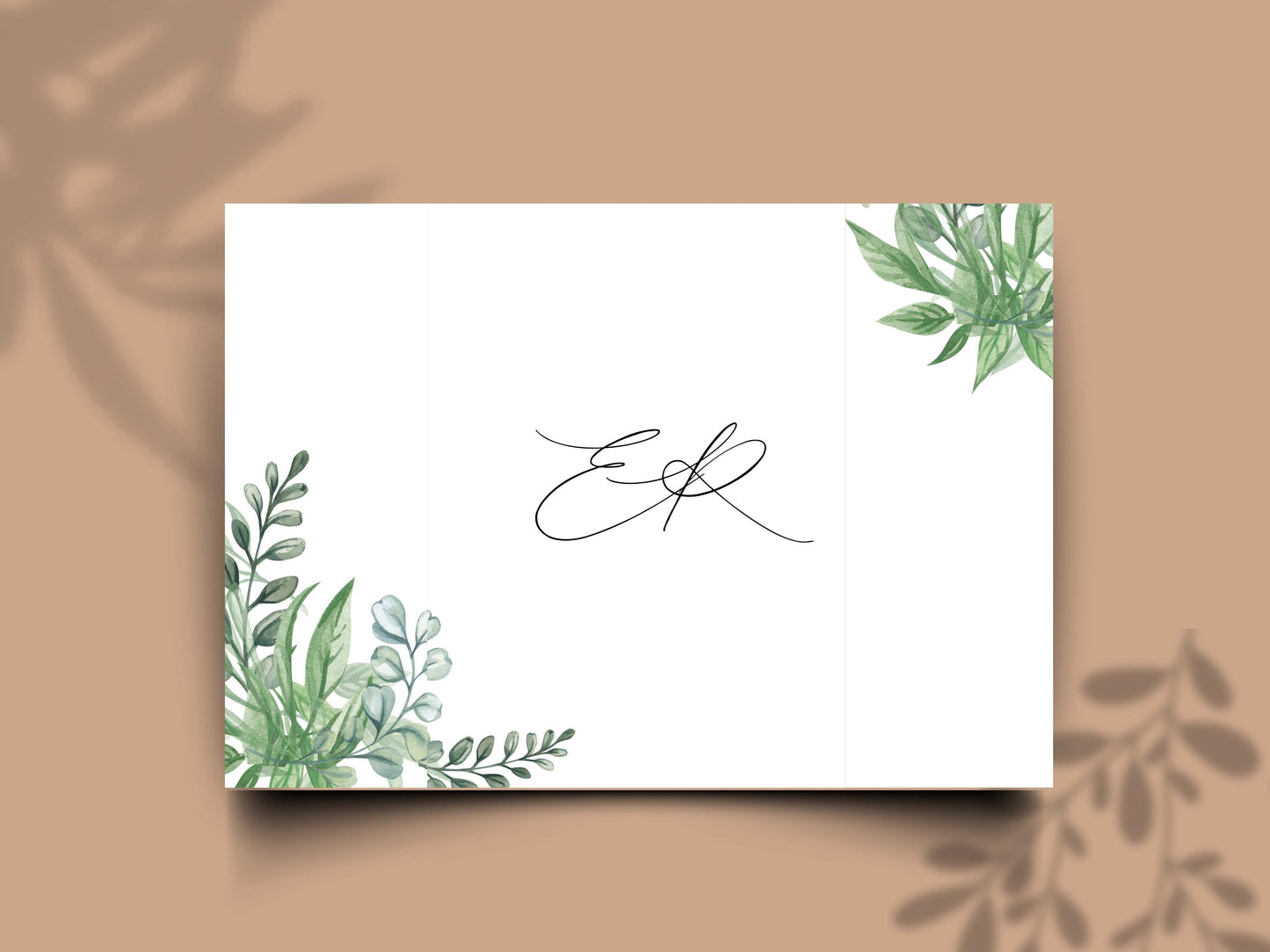 Elegant Greenery Trifold Wedding Invitation | Modern Minimalist Folded Invite with Itinerary | Botanical Geometric Gold Wedding Card. WI141