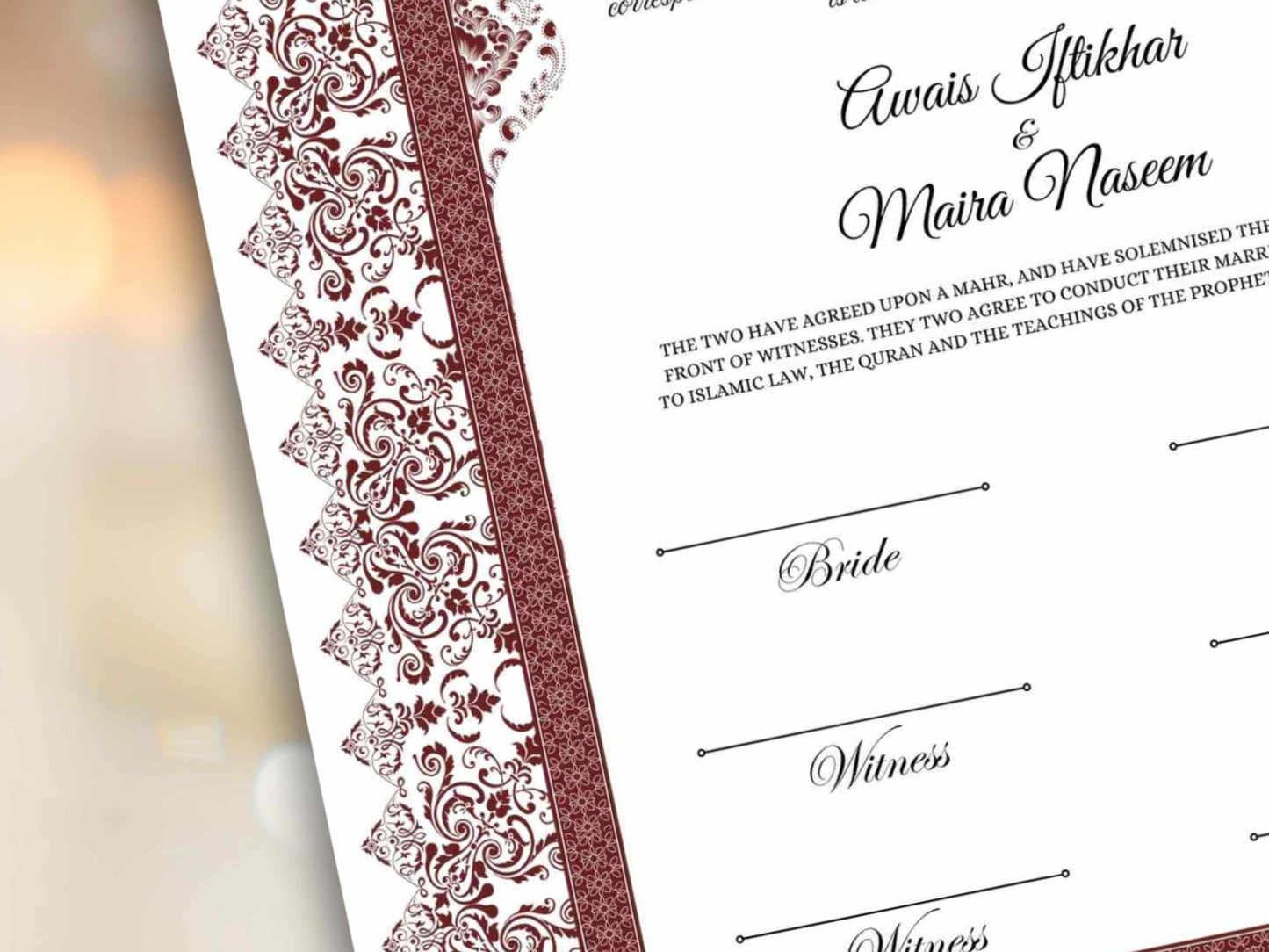 Luxury Nikkah Certificate, Premium A4 Islamic Wedding Contract, Nikkah Nama, Muslim Marriage Certificate, Personalised Names, A4, A3. NN291