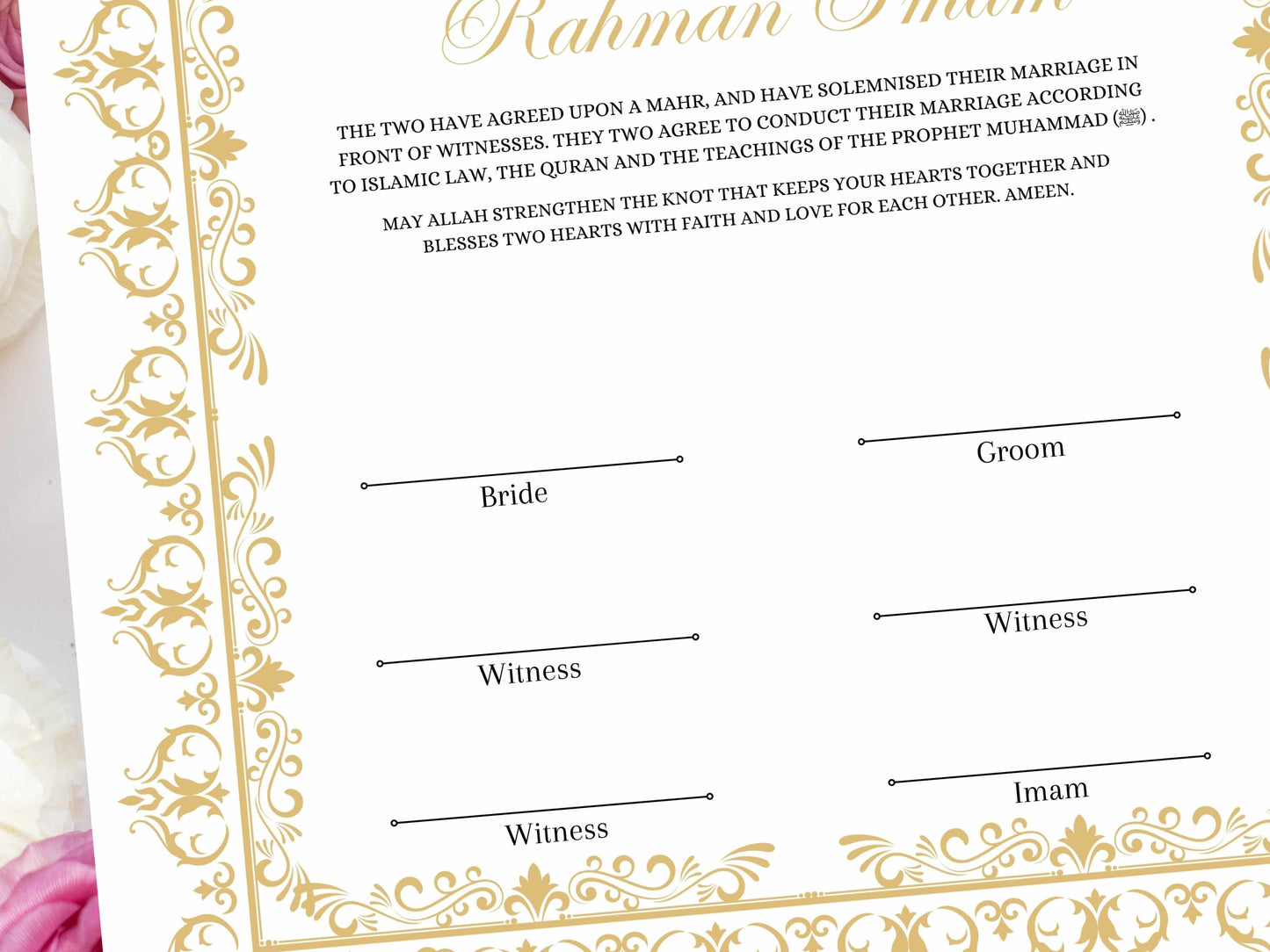 Nikkah Certificate, A4/A3 Islamic Wedding Contract Template, Nikkah Nama, Muslim Marriage, Personalised Names, Quran Verse.NN235