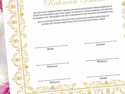 Nikkah Certificate, A4/A3 Islamic Wedding Contract Template, Nikkah Nama, Muslim Marriage, Personalised Names, Quran Verse.NN235