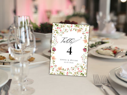 Wedding Table Numbers Template, Wedding Table Numbers, Pink Flower, Floral Wreath, Printable Table Numbers, Wedding Seating Chart. TS4