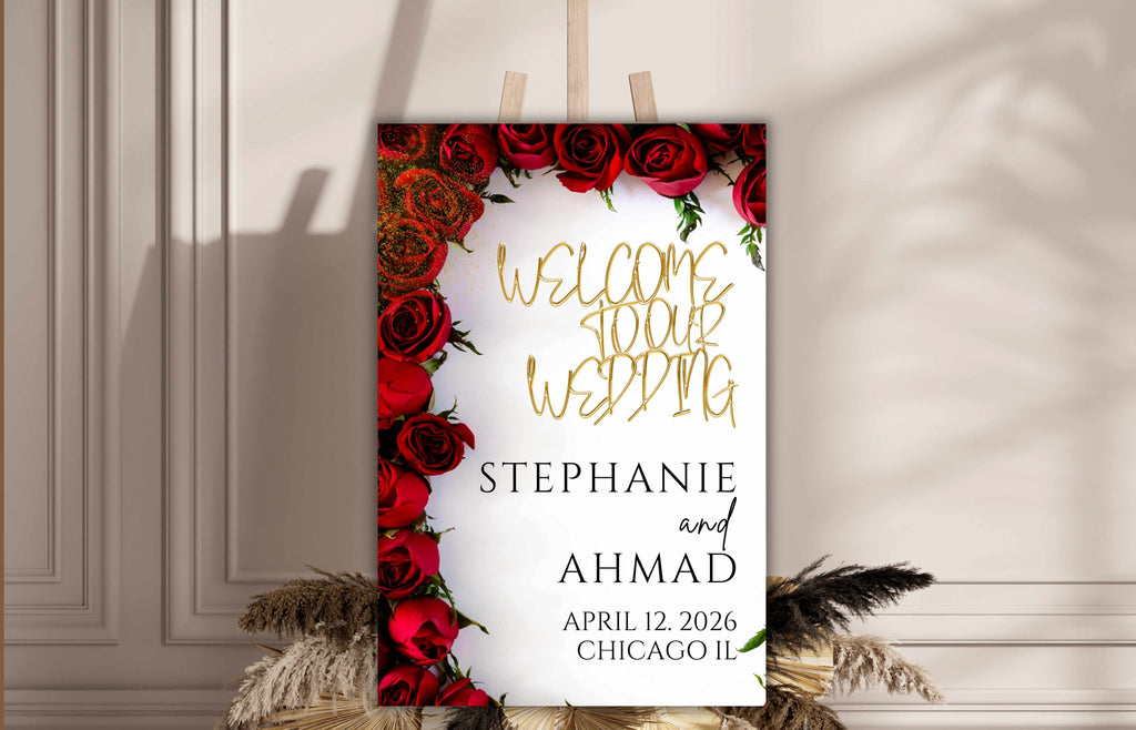 Wedding Welcome Sign Template, Red Rose Welcome To Our Wedding Sign, Red Wedding Signage, Red Wedding Decorations, Digital Download, WS56