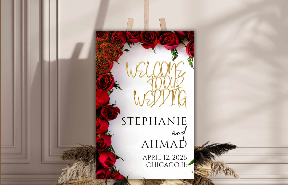 Wedding Welcome Sign Template, Red Rose Welcome To Our Wedding Sign, Red Wedding Signage, Red Wedding Decorations, Digital Download, WS56