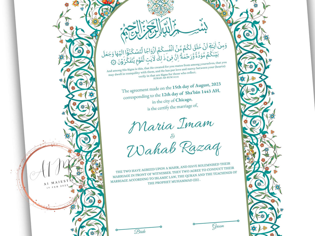 Luxury Nikkah Contract, Digital Printable Personalised Customised Nikkah Certificate, Custom Nikah Nama, Islamic Wedding Contract. NN186