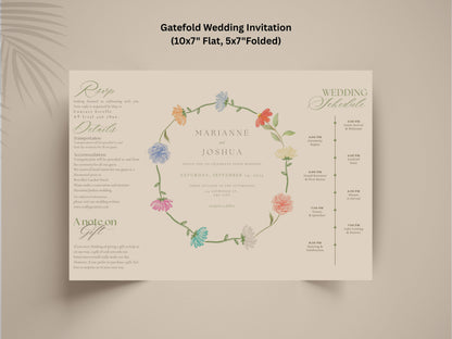 Elegant Gatefold Wedding Invitation | Floral Folded Invite | Printable Wedding Template | RSVP & Details Card | Editable PDF. WI134