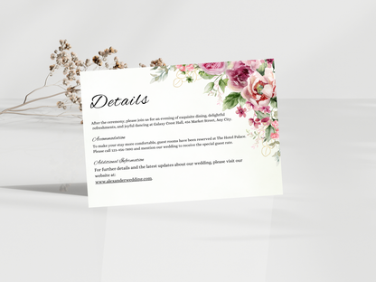 Floral Wedding Invitation, Details, RVSP, Digital Download MTC412