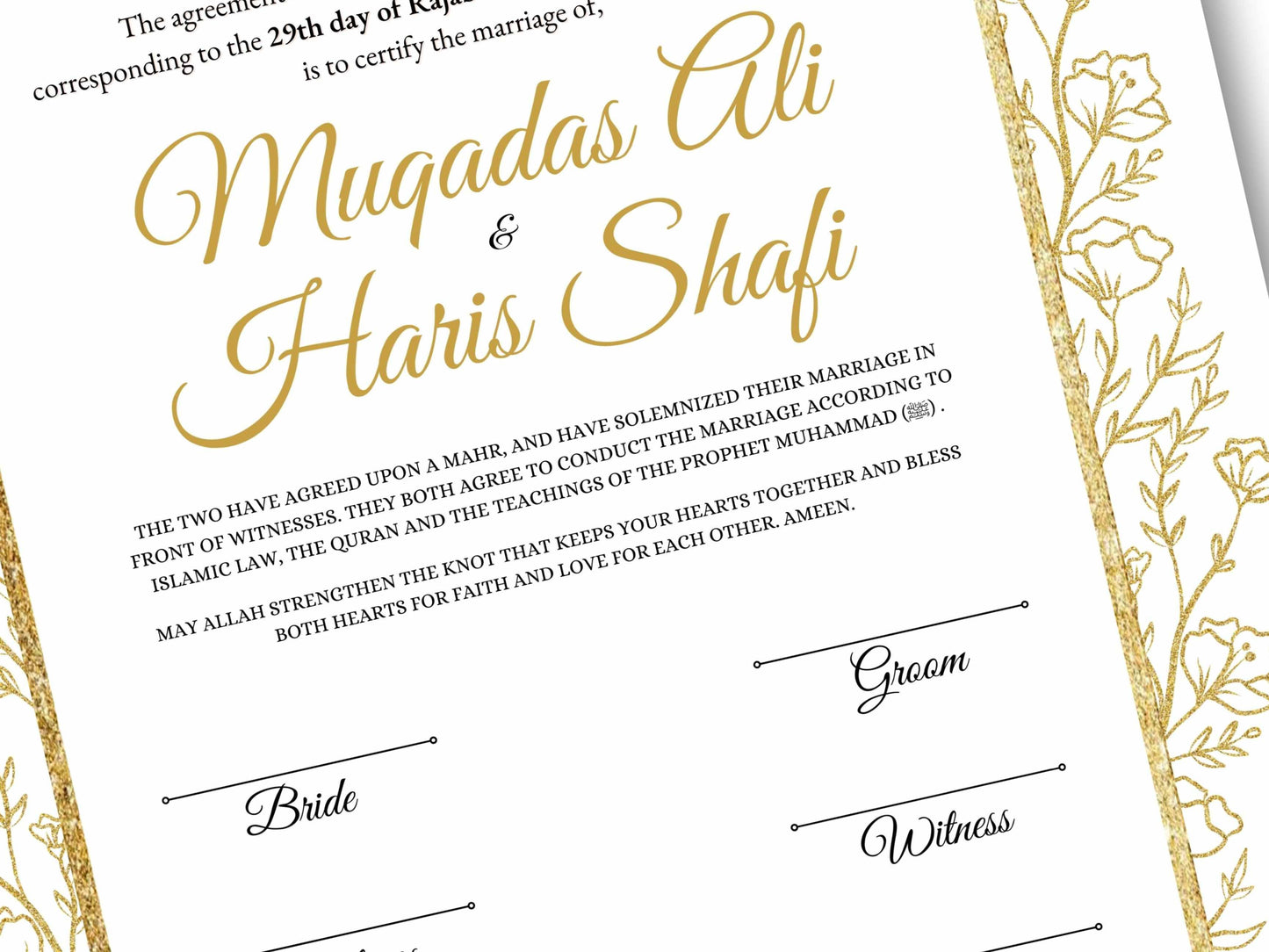 Gold Floral Nikkah Certificate Digital Download Personalised, A4, A3, Template, Instat Download. NN206