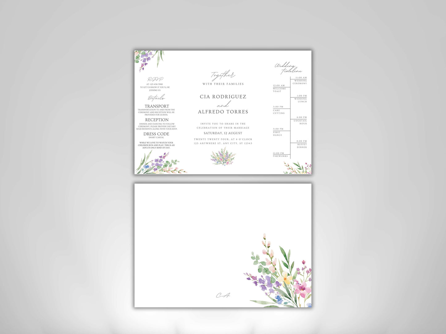 Elegant Floral Gatefold Wedding Invitation | Modern Minimalist Invite | Rustic Boho Wedding Card with Timeline & RSVP Details. WI131