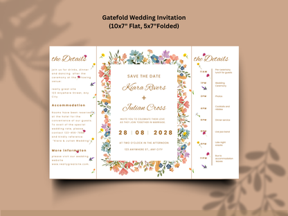 Editable Wedding Invitation Template | Wildflower Gatefold Design | Boho Rustic Canva Invite | Printable Wedding Program. WI185