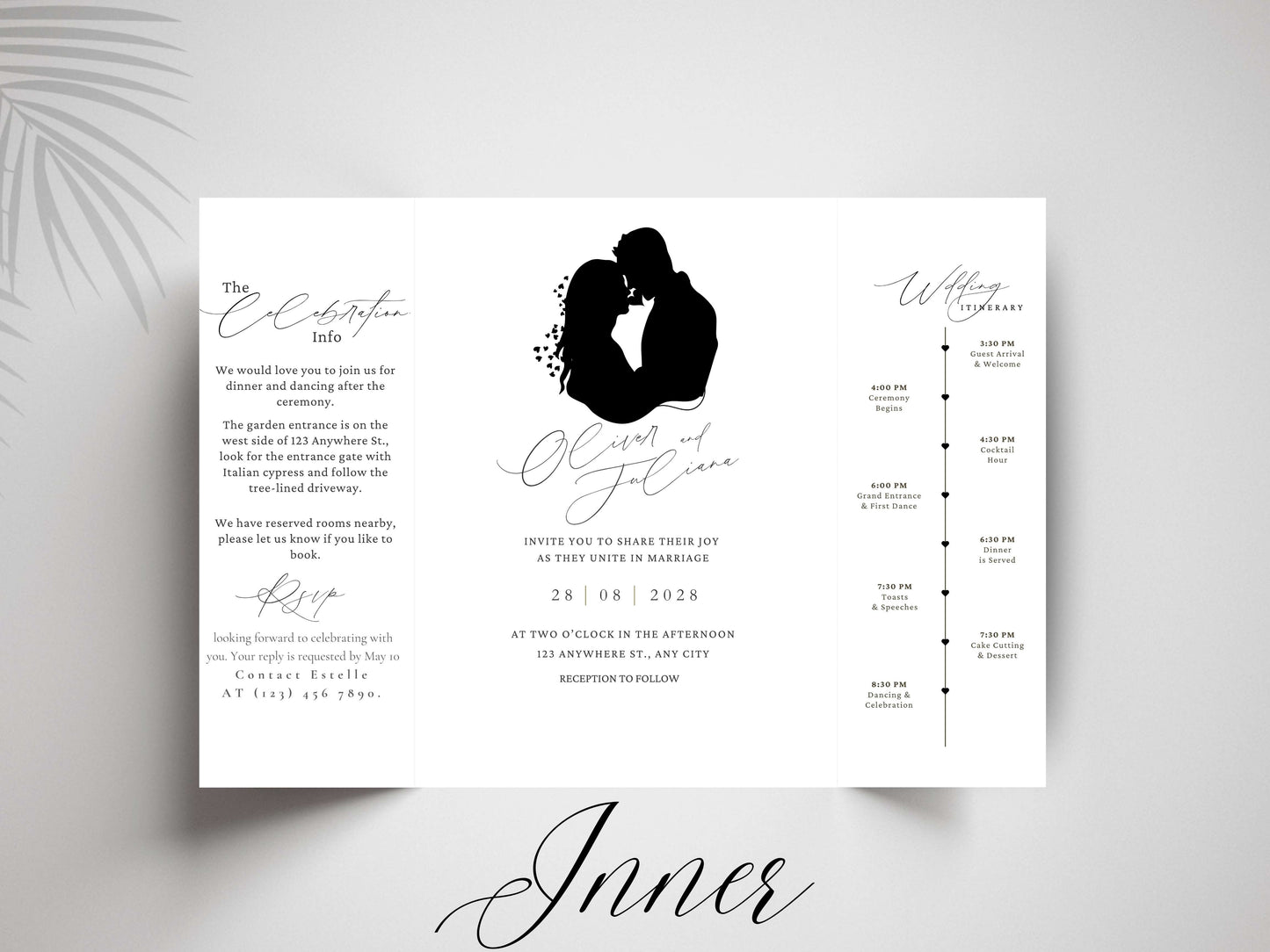 Elegant Gatefold Wedding Invitation | Minimalist Silhouette Wedding Itinerary Card | Modern Folded Wedding Invite Printable Template. WI144