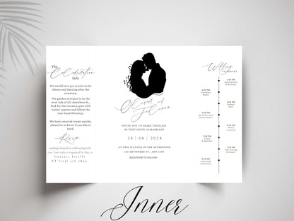 Elegant Gatefold Wedding Invitation | Minimalist Silhouette Wedding Itinerary Card | Modern Folded Wedding Invite Printable Template. WI144
