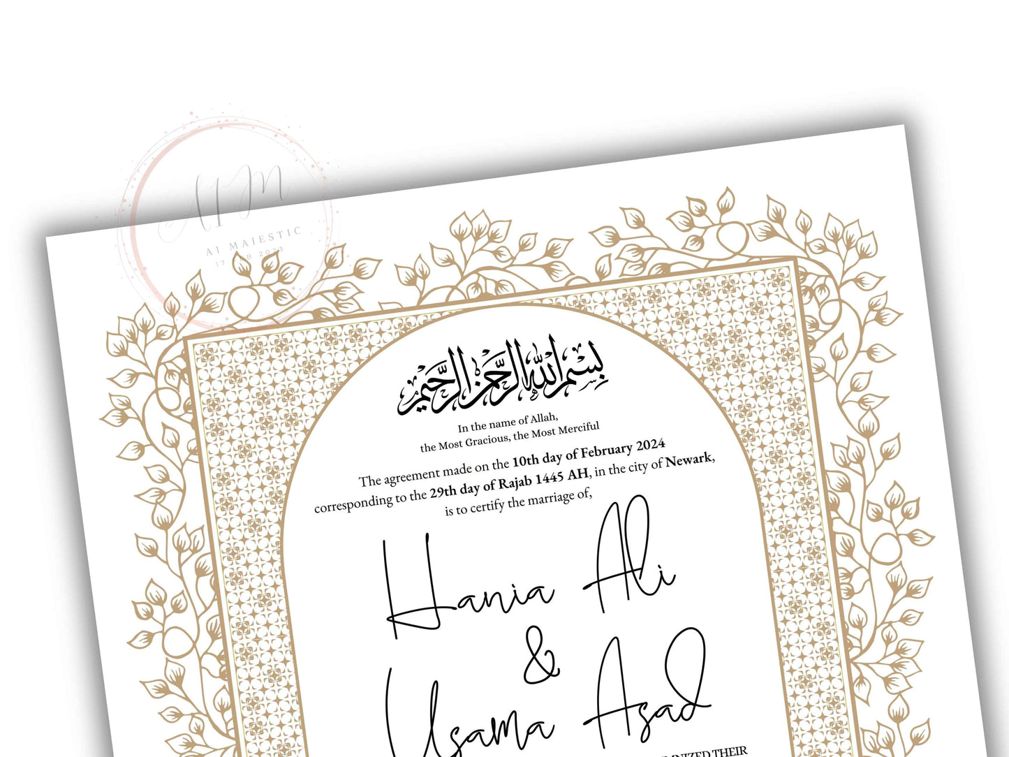 Nikkah Certificate Digital Download Personalised, Islamic Contract, A4, A3, Template, Instat Download. NN209