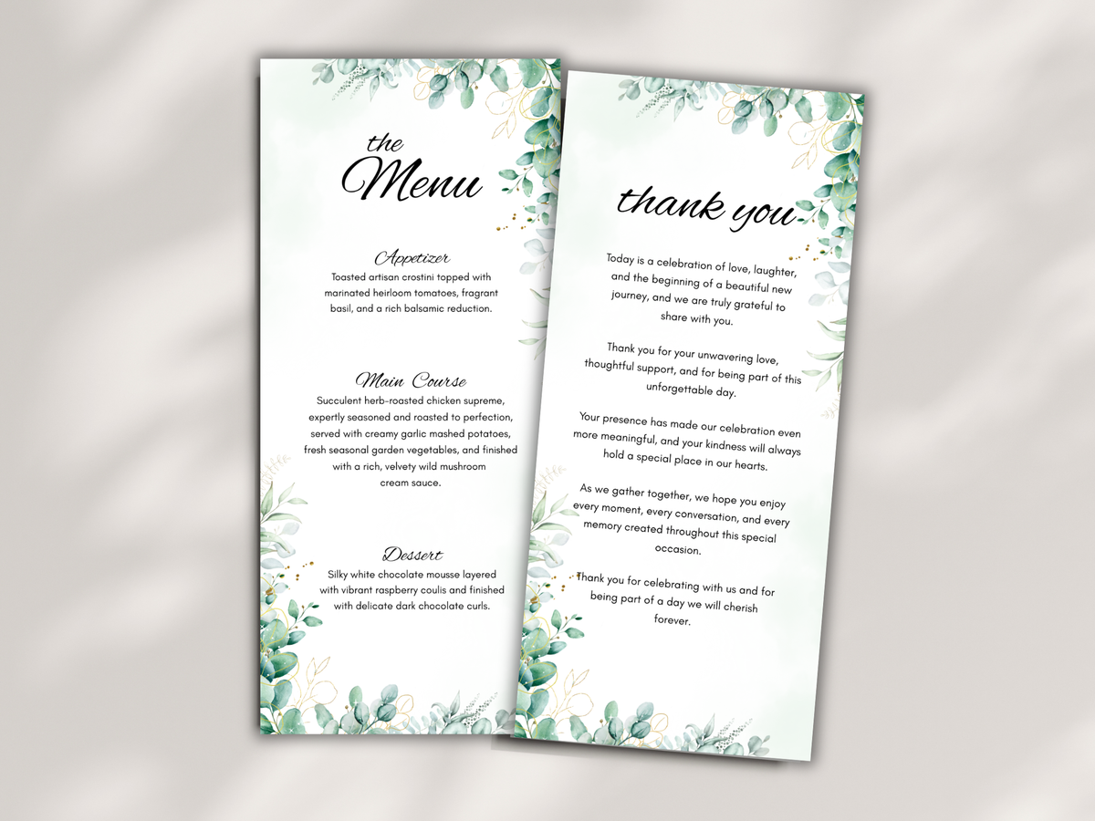 Sage Green Wedding Menu, Thank You & Table Cards, Editable Canva Template WI402