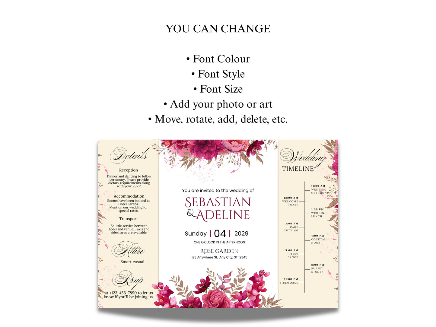 Wedding Invitation Trifold Template Canva, INSTANT DOWNLOAD, Pink Florals Trifold Invite Photo, Floral Pink Trifold Card,Pink Floral. WIB119