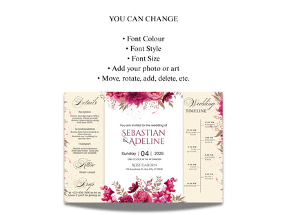 Wedding Invitation Trifold Template Canva, INSTANT DOWNLOAD, Pink Florals Trifold Invite Photo, Floral Pink Trifold Card,Pink Floral. WIB119
