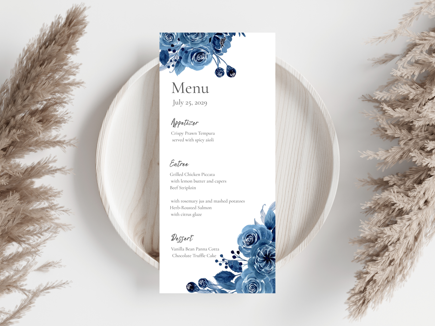Blue Floral Wedding Menu & Thank You Card Set, Editable Template, Place Card.WI213