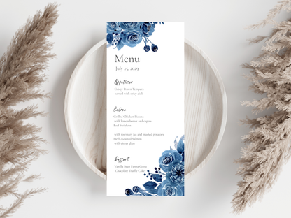 Blue Floral Wedding Menu & Thank You Card Set, Editable Template, Place Card.WI213