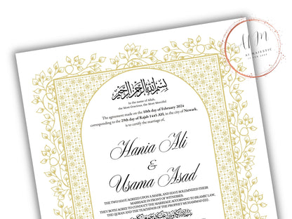 Gold Nikkah Contract Template, Gold Islamic Marriage, Contract Nikkah Certificate, Gold Nikahnama, Personalised Names, A4, A3. NN208