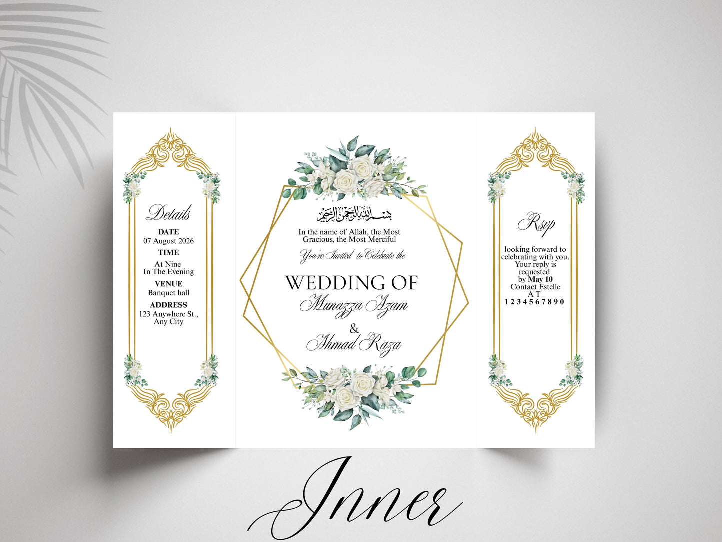 Islamic Wedding Invitation | Elegant Bismillah Card | Muslim Nikah Invitation | Green Floral Wedding Card | Printable Template. WI145