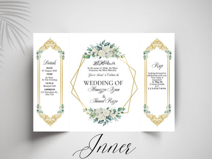 Islamic Wedding Invitation | Elegant Bismillah Card | Muslim Nikah Invitation | Green Floral Wedding Card | Printable Template. WI145