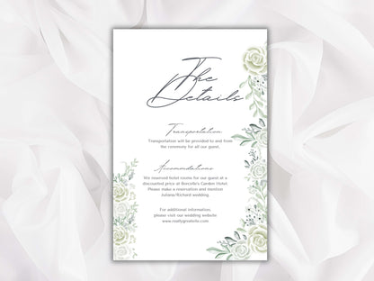 White Rose Wedding Invitation Template, Printable Wedding Invitation, White Flowers Invitation, White and Green RSVP, Details. WT84