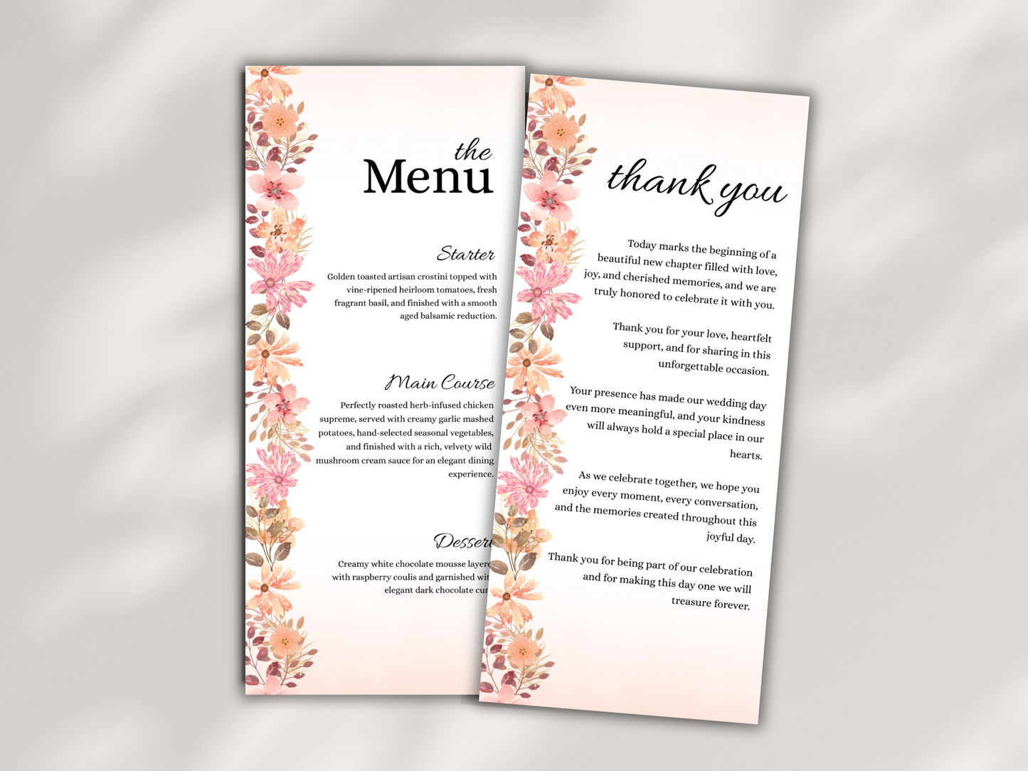 Boho Wedding Menu, Table, Thank you, Editable Cards MTC418