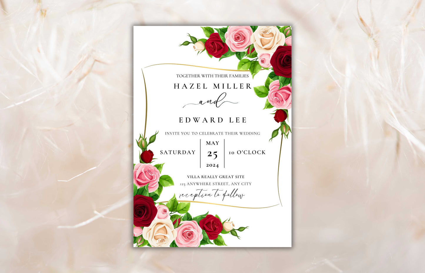 Red Wedding Invitation Set, Floral invitation,Editable Template, RSVP Card, Details Card, Burgundy and Pink Floral with Gold Frame, WIT63