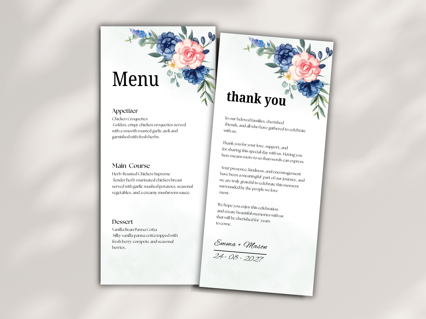 Wedding Menu, Thank You, Table Cards (Editable Canva Template) WI390