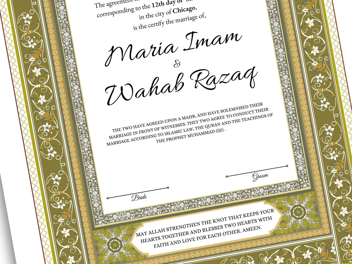 Luxury Nikkah Certificate, Premium A4 Islamic Wedding Contract, Nikkah Nama, Muslim Marriage Certificate, Personalised Names, A4, A3. NN172
