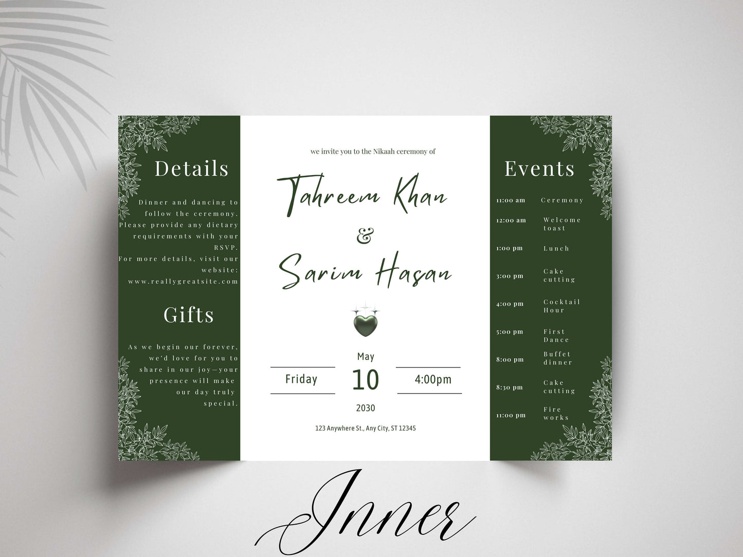 Elegant Green Floral Wedding Invitation Template | Modern Folded Wedding Invite with Timeline | Printable Wedding Suite. WI151