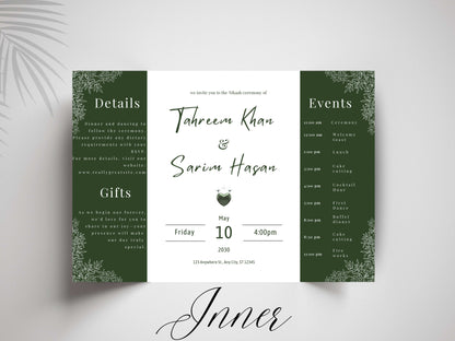 Elegant Green Floral Wedding Invitation Template | Modern Folded Wedding Invite with Timeline | Printable Wedding Suite. WI151