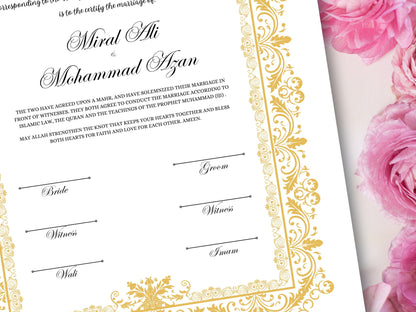 Luxury Nikkah Certificate, Premium A4 Islamic Wedding Contract, Nikkah Nama, Muslim Marriage Certificate, Personalised Names, A4, A3. NN250