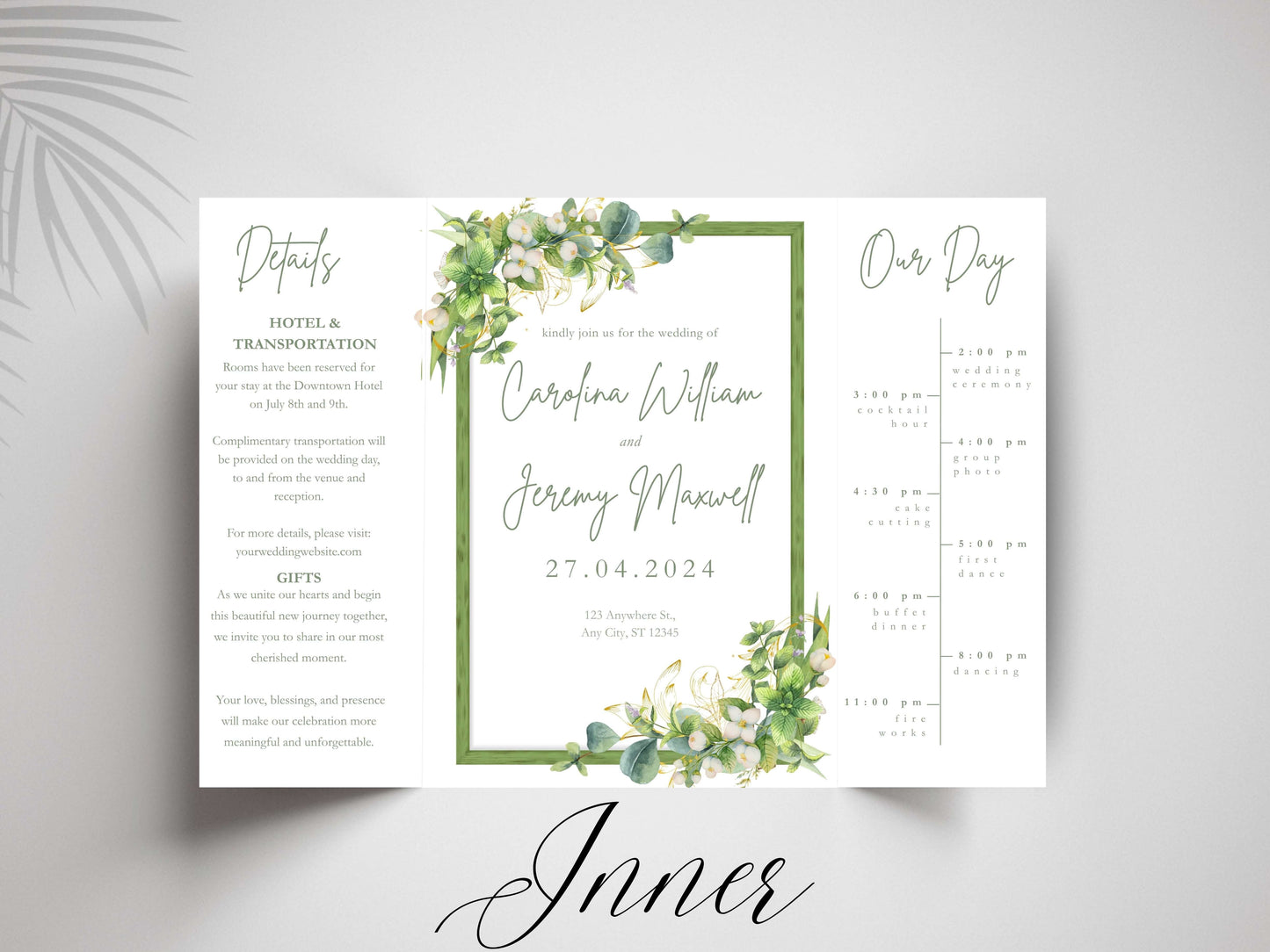 Greenery Wedding Invitation Template | Floral Timeline Itinerary Card | Rustic Botanical Printable Wedding Program. WI148